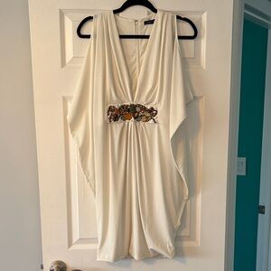 Embellished Ivory V-Neck Dress